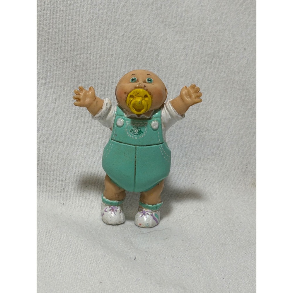 Vintage Cabbage Patch Kids PVC Mini Figure Bald Baby Pacifier Teal Overalls 2.5"